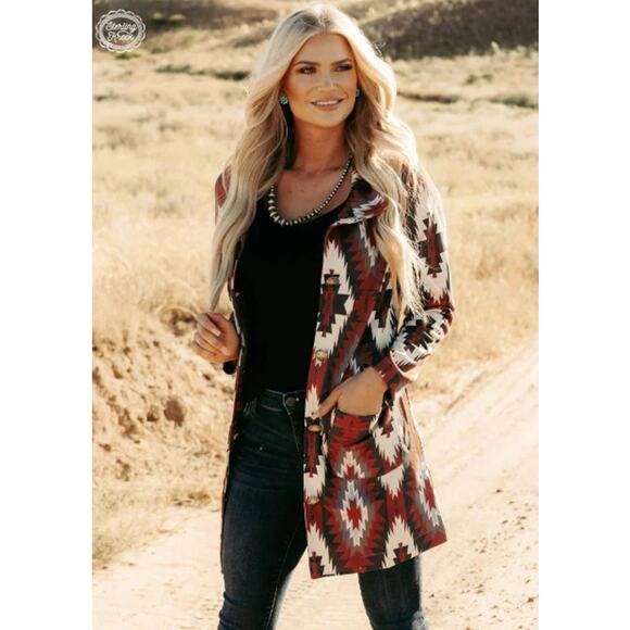 Sterling Kreek Western Rebel Jacket Womens XL Red Aztec Print Buffalo Buttons - Picture 1 of 11